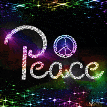 a peace sign is surrounded by rainbow colored rhinestones on a black background