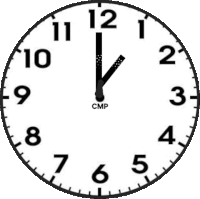 a black and white clock on a white background shows that it is almost 5:00 .