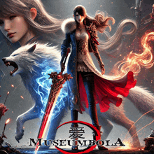 a woman holding a sword stands in front of a wolf and the words museumbola on the bottom
