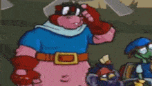 two cartoon characters are standing next to each other and one of them is holding a trophy