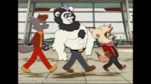 three cartoon characters are walking in a hallway with the words tuvelkoitwa archives on the bottom