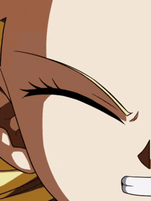 a close up of a cartoon character 's face with a blue eye