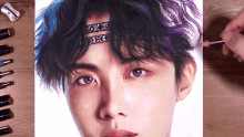 a drawing of a man with purple eyes and blue hair