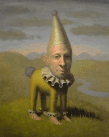 a painting of a man dressed as a clown with a hat on his head