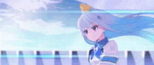 a girl with long white hair and a crown on her head is standing in front of a blue sky .