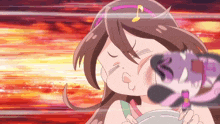 a cartoon girl with a pink headband is eating a bowl of food