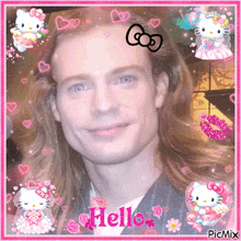 a man with long hair is surrounded by hello kitty and hearts