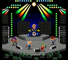 a pixel art of a band on stage with a drummer with the letter v on his drum