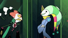 two cartoon characters are standing next to each other and one is wearing a clown hat