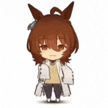 a cartoon girl with brown hair and ears is standing in a cloud .