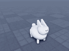 a small white rabbit with a face is standing on a checkered surface