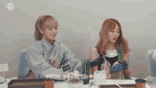 two women are sitting at a table with potted plants and the word twice on the bottom
