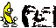 a pixel art drawing of a banana standing next to the letter i on a white background .