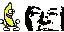 a pixel art drawing of a banana standing next to the letter i on a white background .