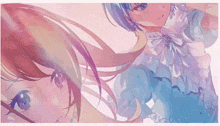 two anime girls are standing next to each other with one wearing a blue dress