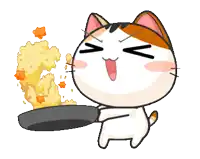 a cartoon cat is holding a frying pan with rice coming out of it