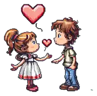 a pixel art illustration of a boy and a girl holding a heart
