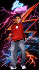 a man in a red shirt is dancing in front of a neon sign that says disco
