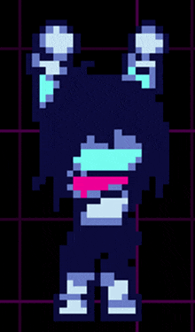 a pixel art drawing of a person with a skull and crossbones on their ears