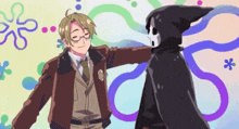 a man in a suit and tie is standing next to a grim reaper in a cape
