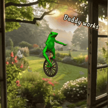 a green frog is riding a bike in a garden with the words daddy works below it