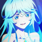 a close up of a girl with blue hair