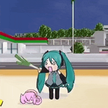 a cartoon of a girl holding a green onion and a pink cat .