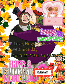 a happy monday greeting card with two owls hugging