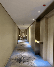 a long hallway with a blue carpet and a red smoke detector