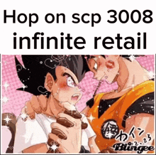 a picture of a man licking another man 's face with the words `` hop on scp 3008 infinite retail '' .