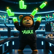a teddy bear wearing a hoodie that says avax is holding up green candles