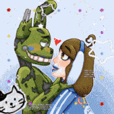 a cartoon drawing of a girl hugging a green bunny