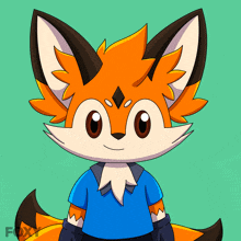 a fox wearing a blue shirt with the word fox on the bottom right