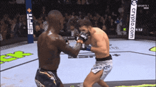 two men are fighting in a boxing ring with a sign that says crypto.com