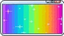 a pixel art of a rainbow colored background with stars and a clock .