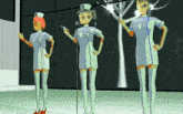 three nurses are standing in front of a microphone and one has a syringe in her hand