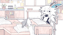 a cartoon of a rabbit sitting at a desk