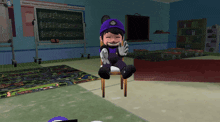 a cartoon character is sitting in a chair in front of a blackboard that says g on it