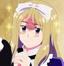 a girl with blonde hair and a white bow on her head is making a funny face