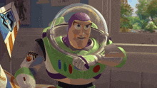a toy story scene with buzz lightyear standing next to a toy plane