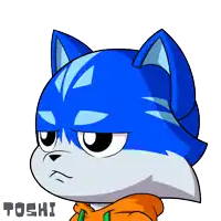 a cartoon drawing of a blue cat with the name toshi on the bottom right