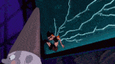 a cartoon character is standing next to another cartoon character on a purple surface .