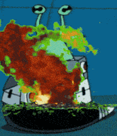 a cartoon drawing of a spongebob character with a flame coming out of it