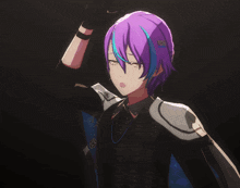 a purple haired anime character with a blue stripe on the side of her hair
