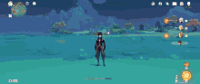 a screenshot of a video game shows a character in the water