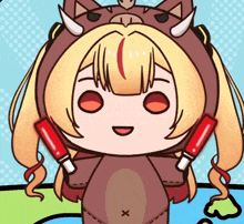 a cartoon drawing of a girl wearing a boar costume and holding two red sticks