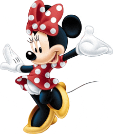 minnie mouse is wearing a red dress with white polka dots and yellow boots