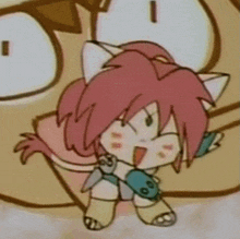 a close up of a cartoon character with pink hair and ears