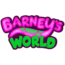 a logo for barney 's world has a pink and green dinosaur on it