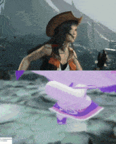 a woman in a cowboy hat is standing next to a purple object with the number 777 on it